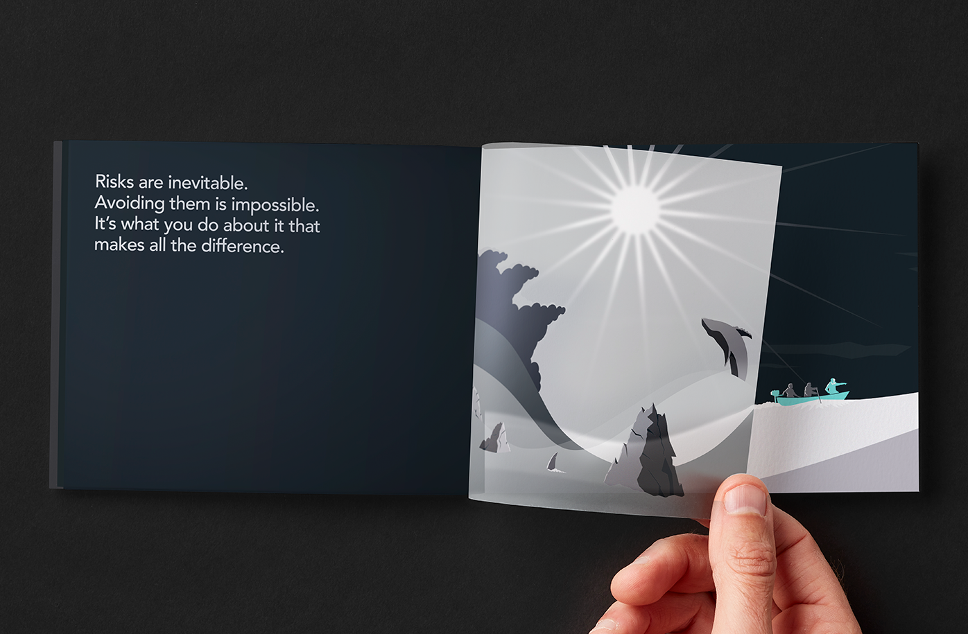 Illustration of team navigating through commodities markets on brochure spread