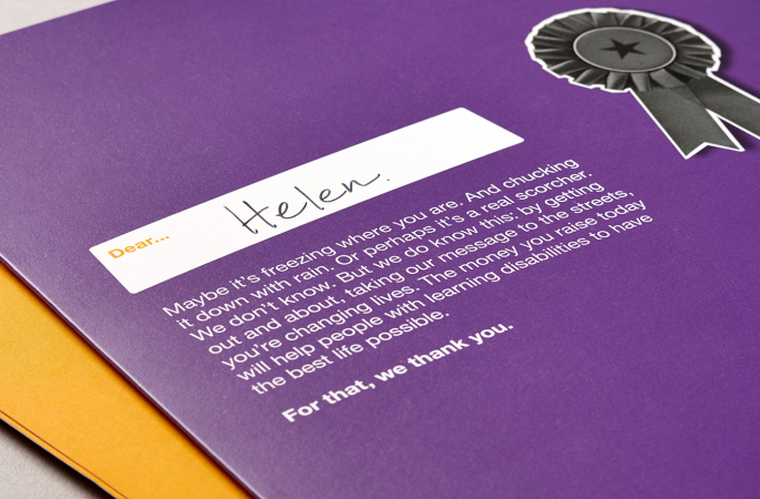 Back of a fundraising pack saying thank you