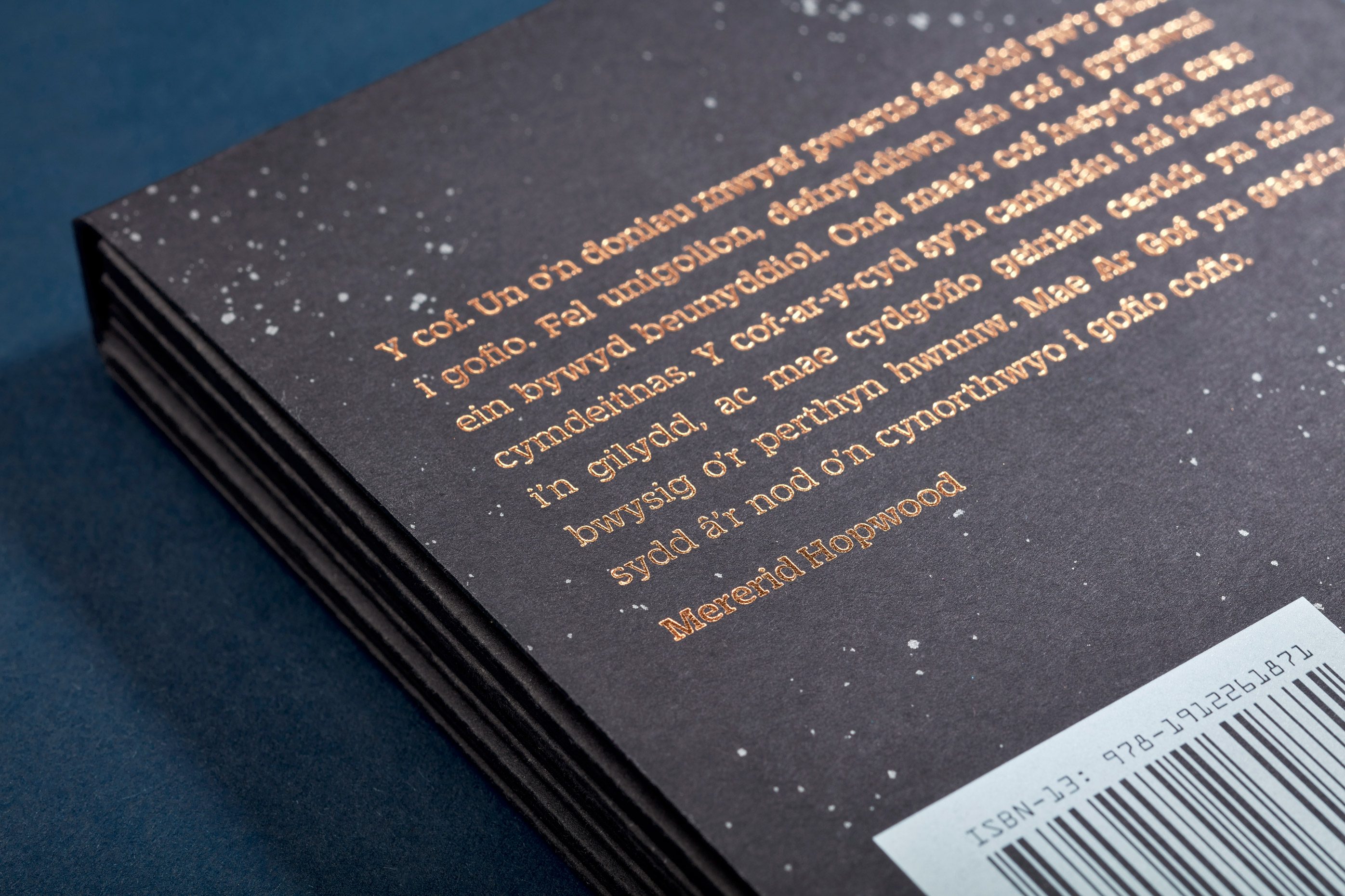 Close-up of foiled lettering on the back of the poetry book box