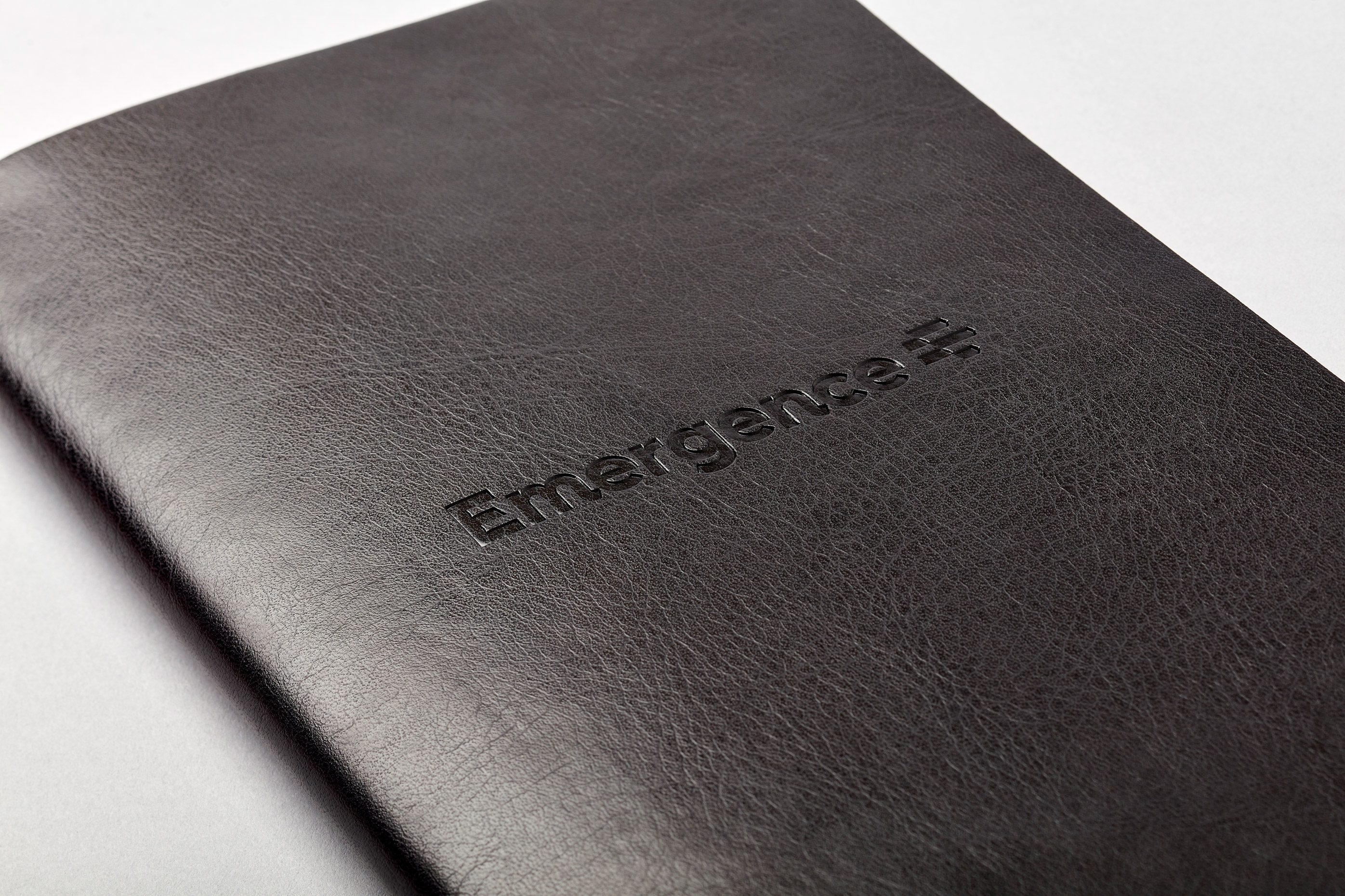 Close-up of logo detail in front of leather notebook