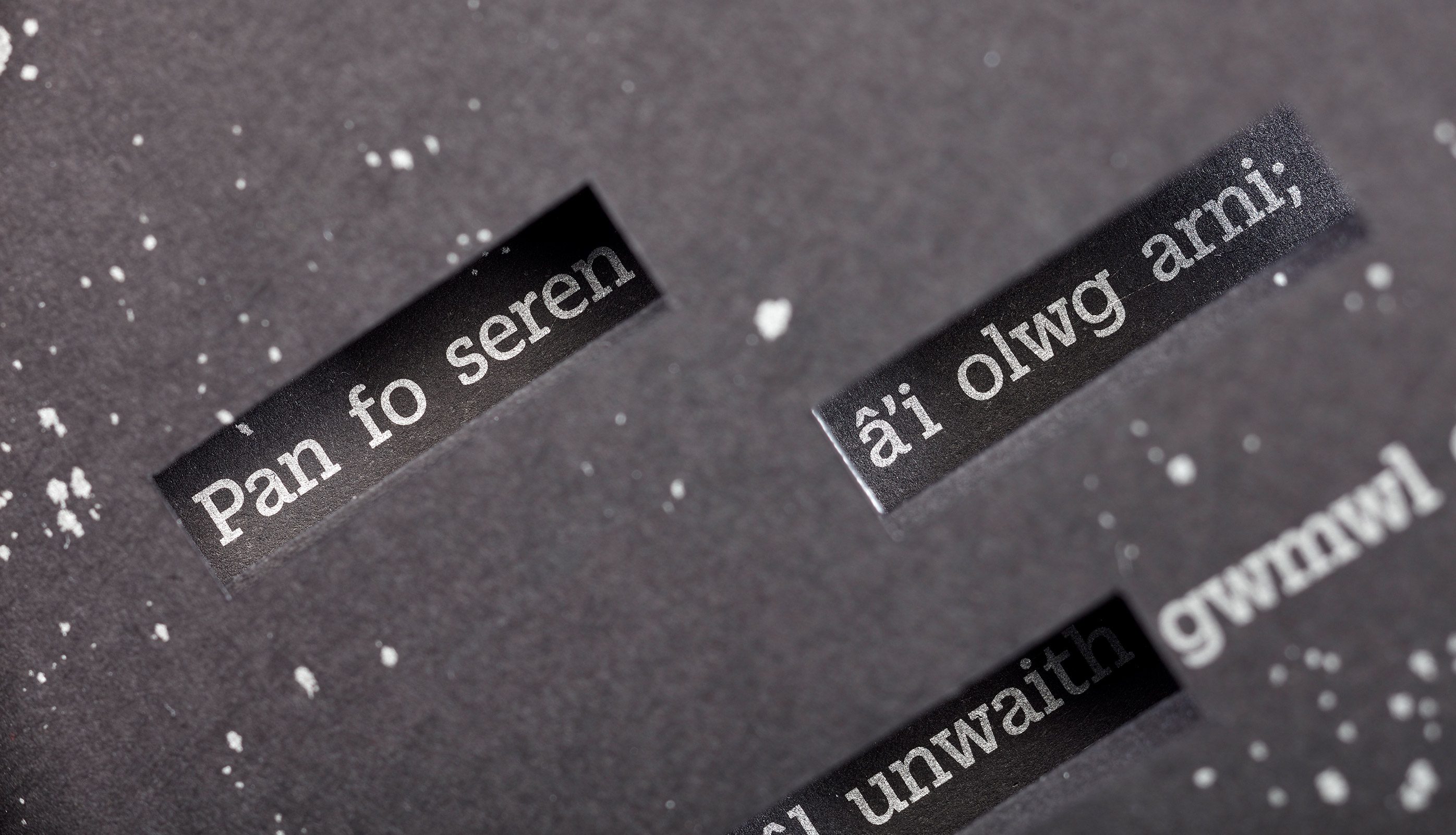 Close-up of page showing poetry words through die-cut windows