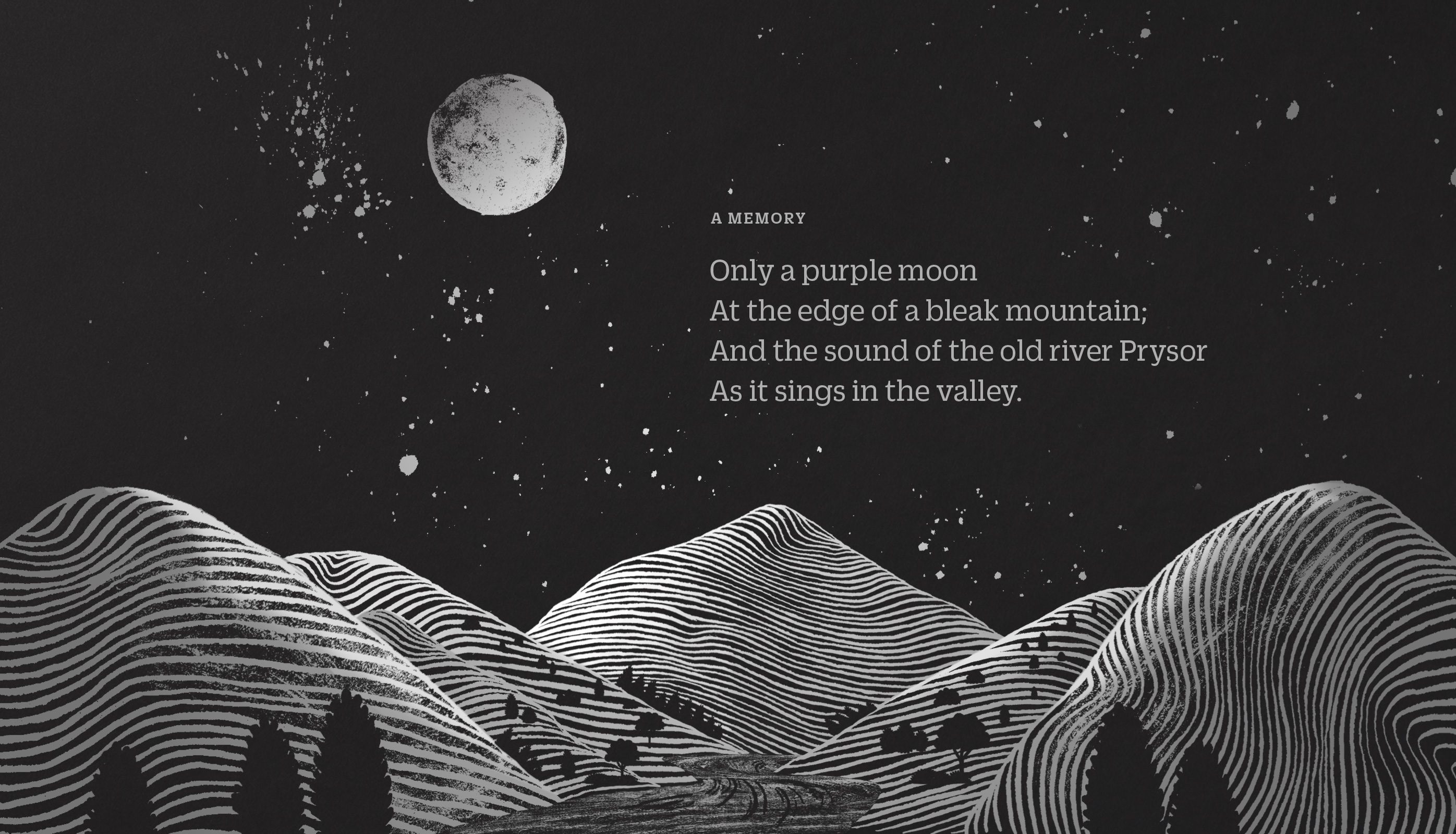 Contemporary illustration of a mountain valley and silvery moon with poem in Welsh language