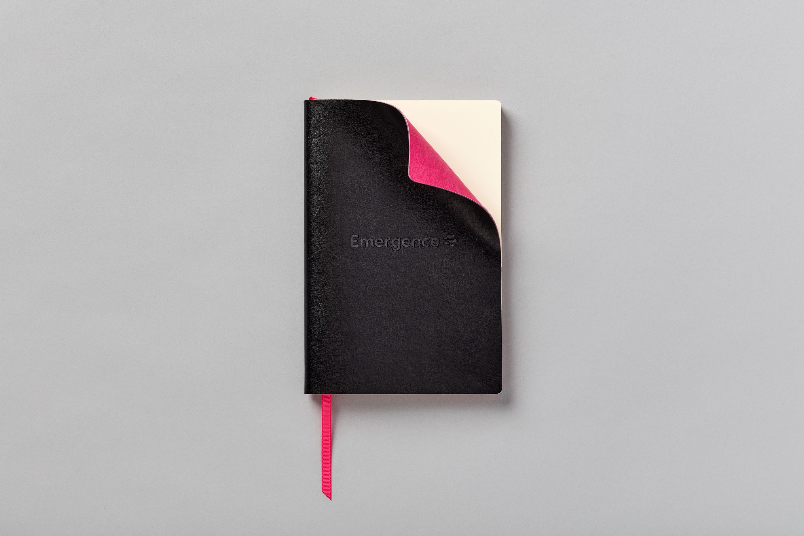 Leather notebook with foiled logo and pink ribbon