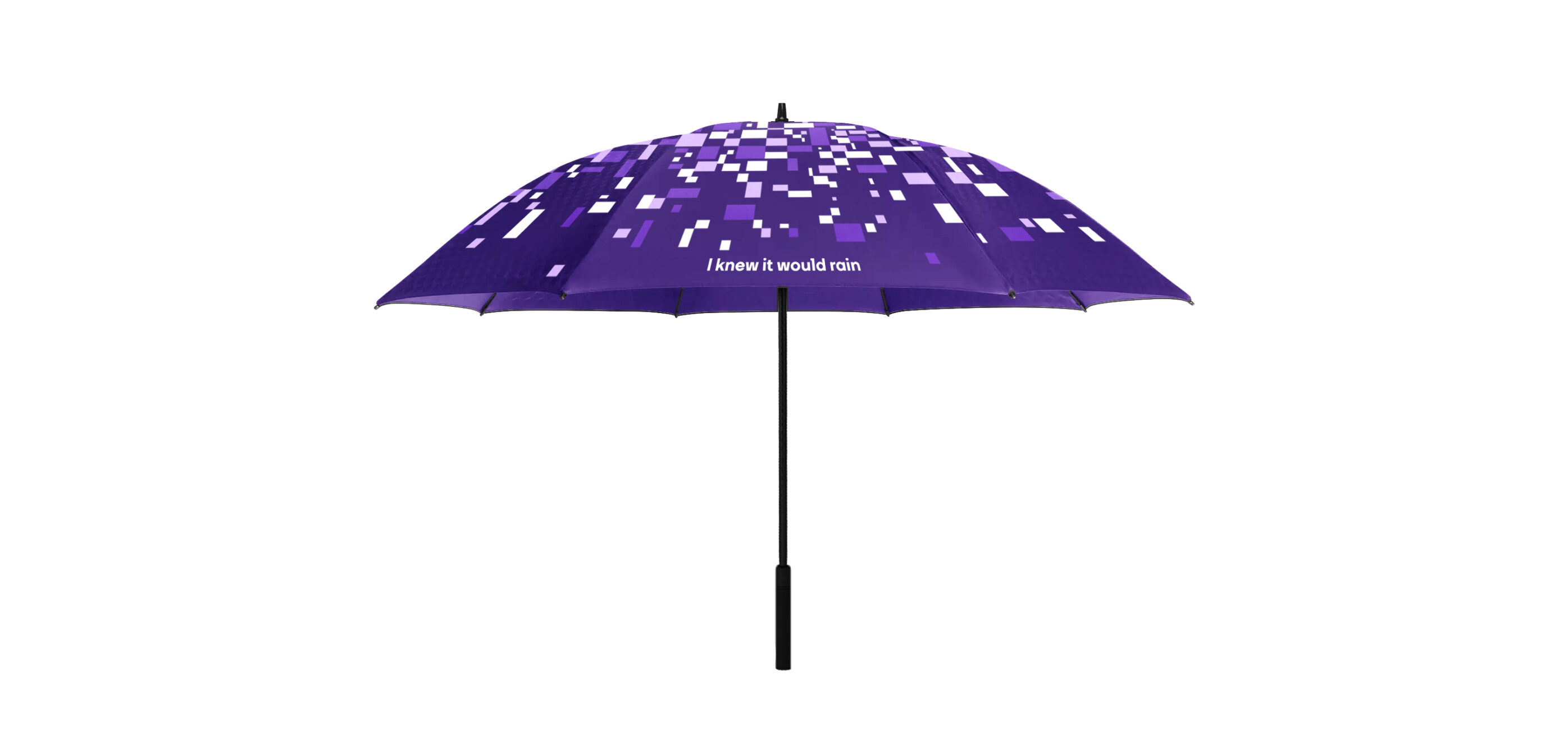 Data analytics company branded umbrella depicting pixelated graphic rain
