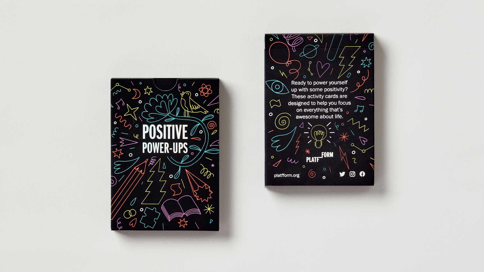 Front and back of mental wellbeing cards showing colourful line illustrations of different metaphors