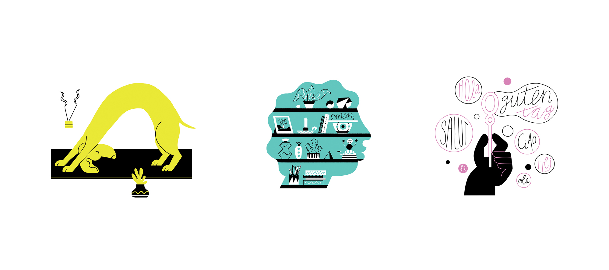 Three mental health activity illustrations in a row in different colours