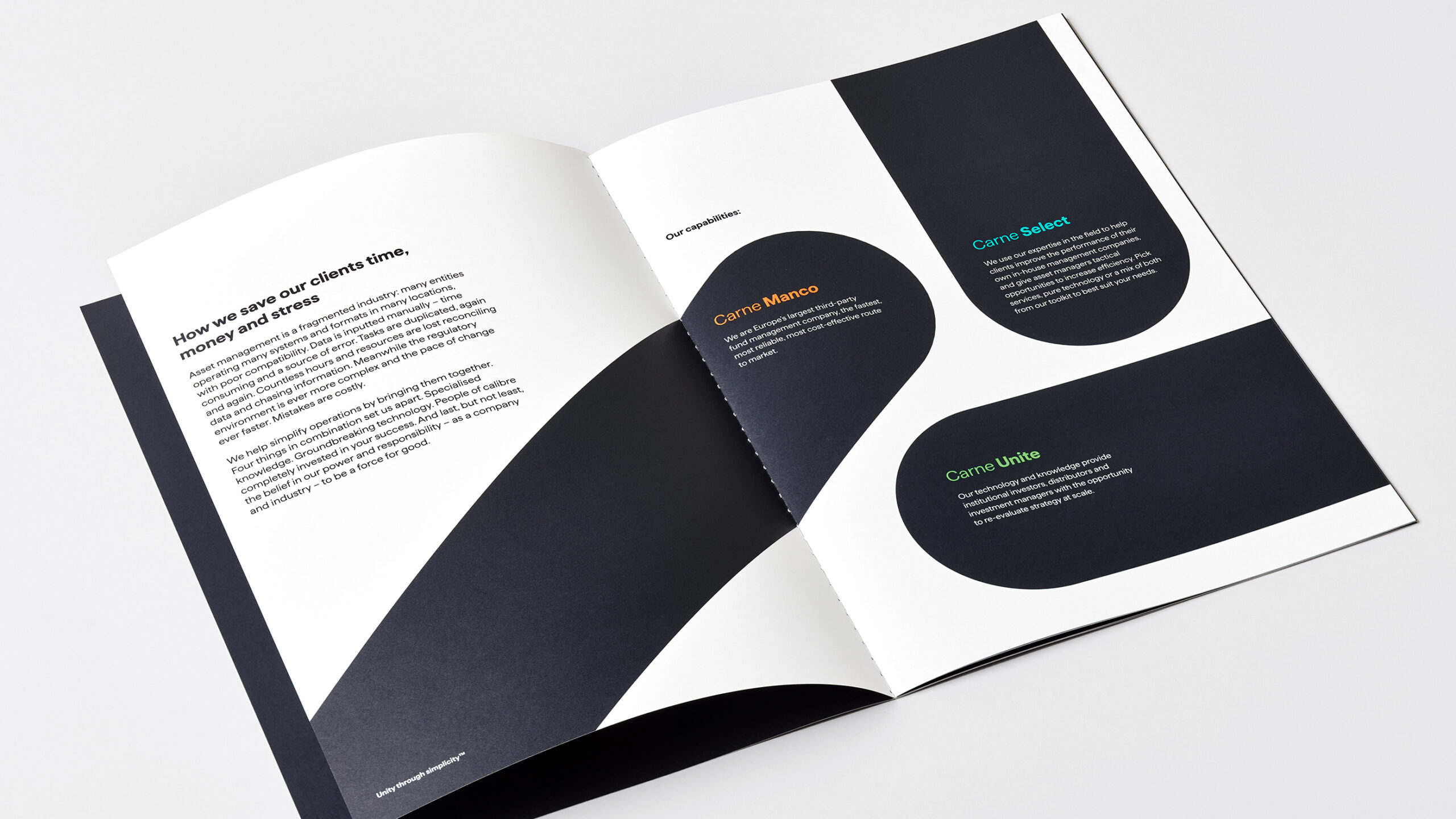Branded asset management brochure spread design setting out capabilities