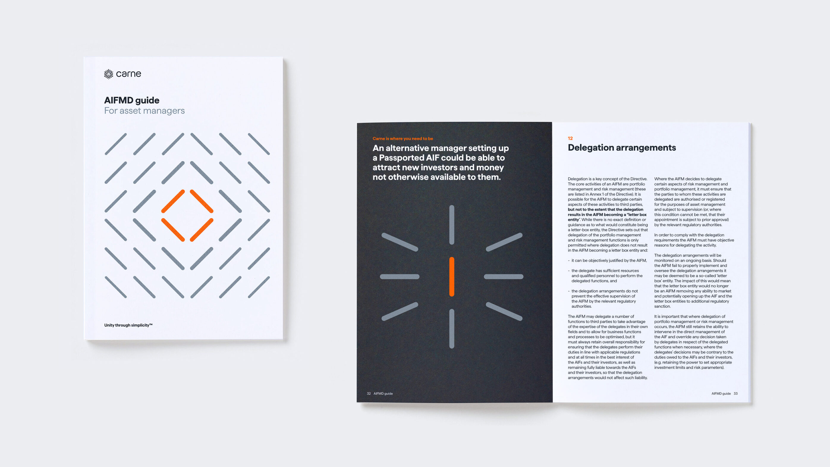 Brochure cover and spread aimed at asset management industry showing graphic brand identity