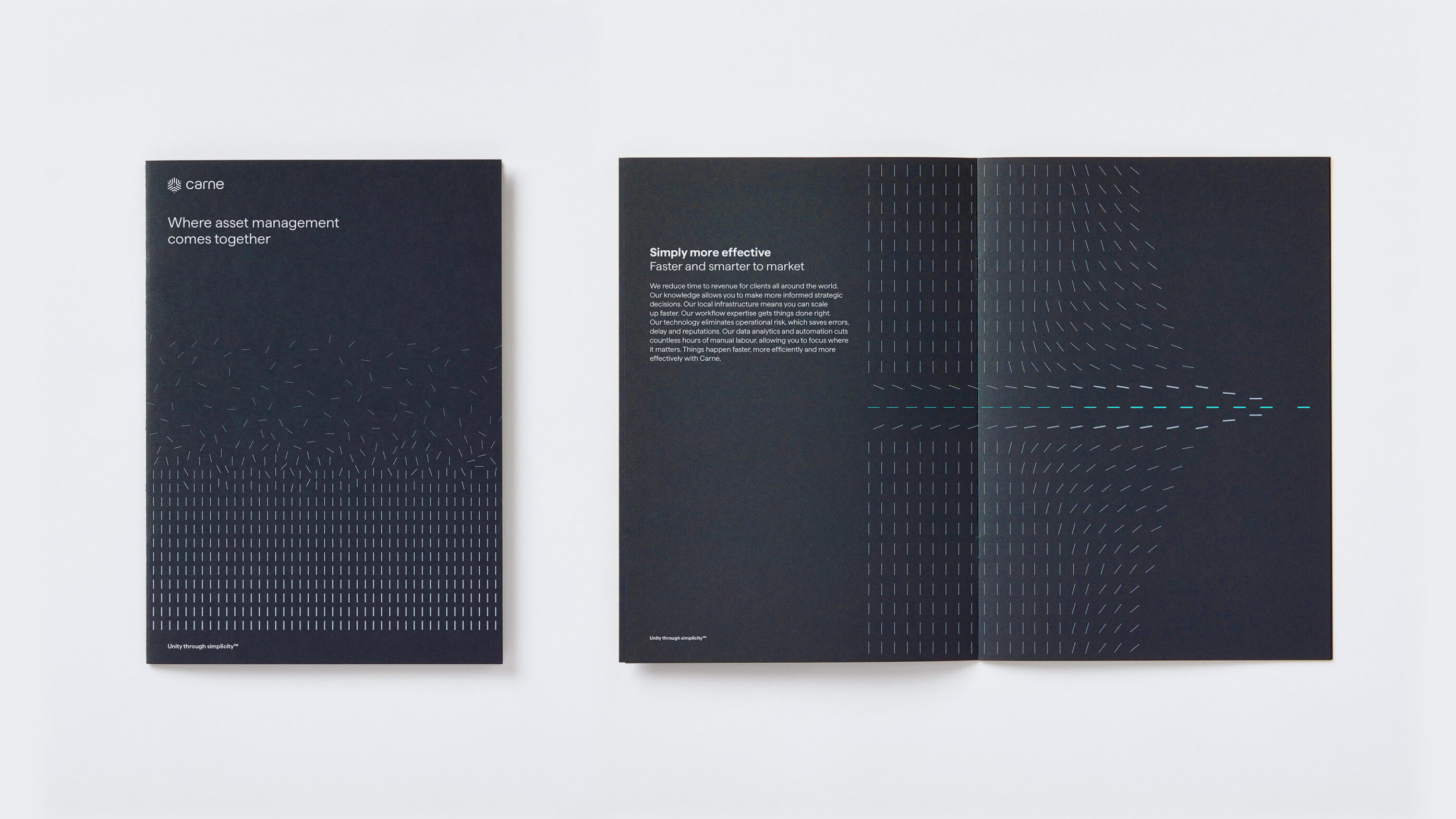 Branded asset management brochure cover design and spread setting out company capabilities
