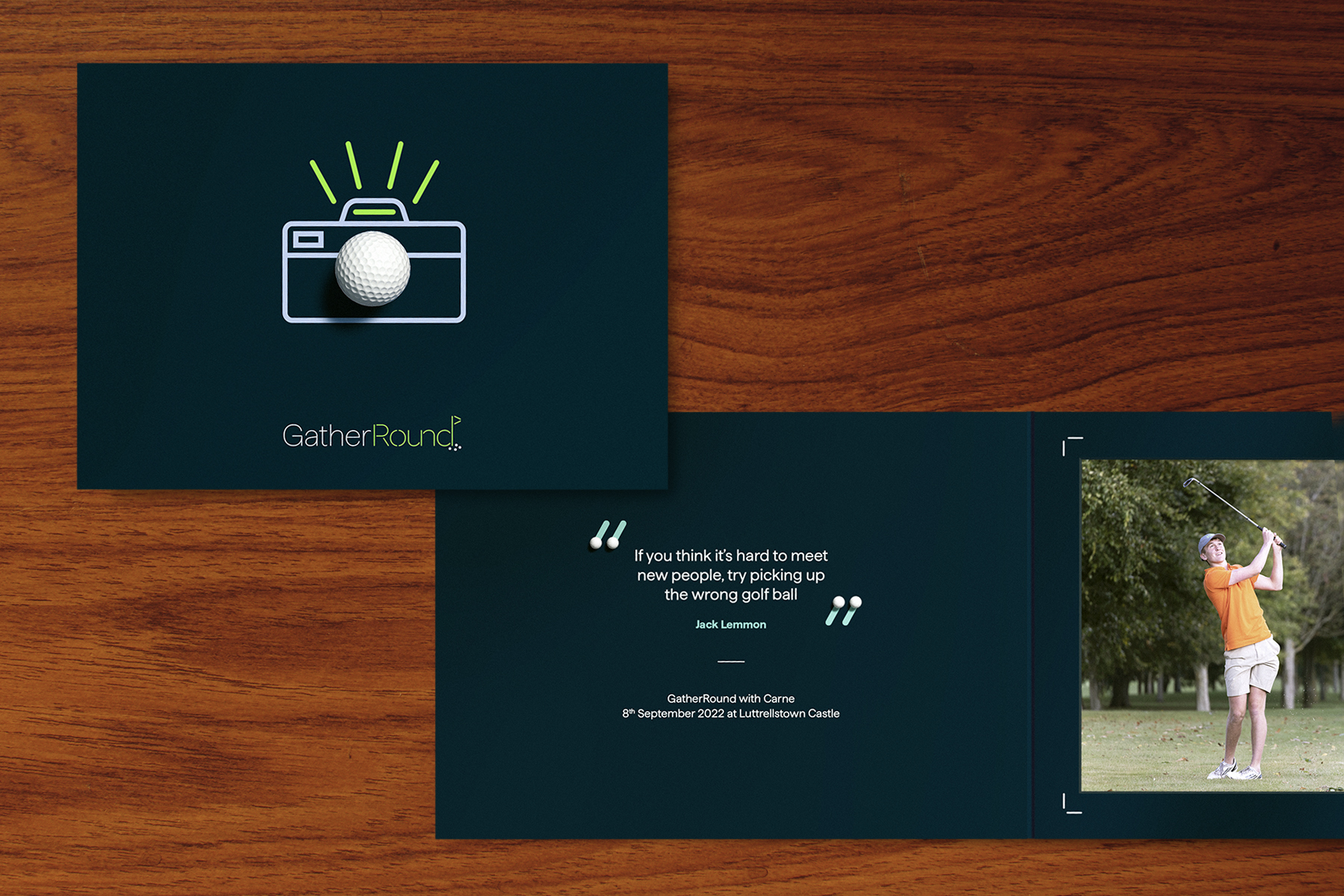 Image of branded golf event photo card on wood surface