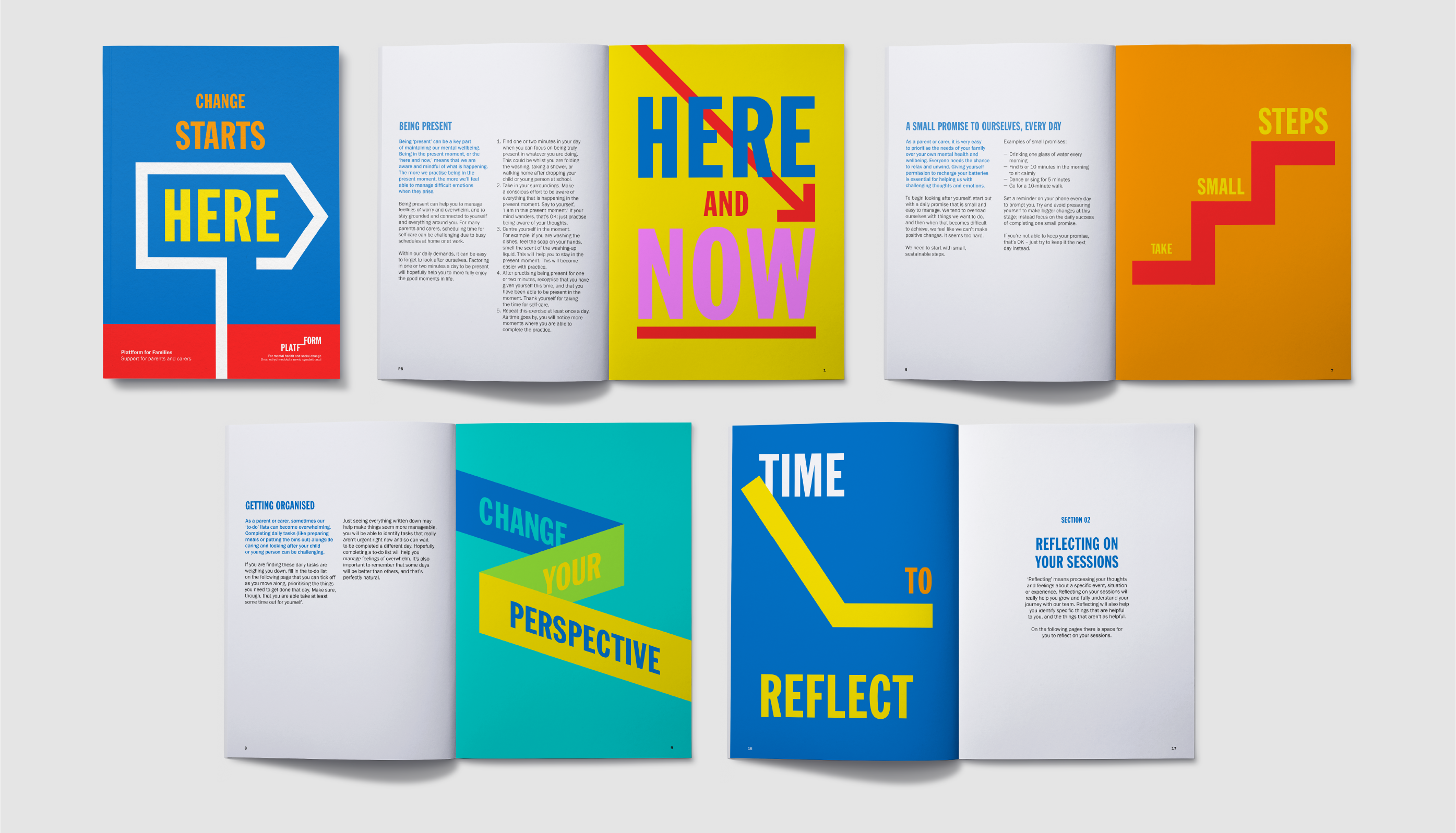 A cover and four graphic spreads showing charity brand design