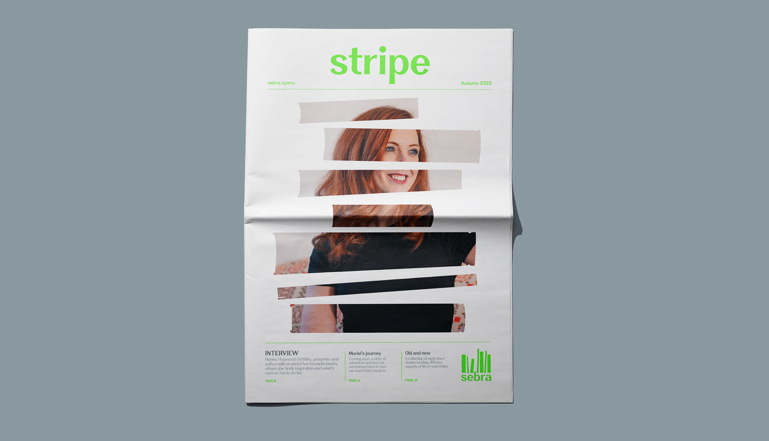 Branded editorial newspaper design that uses graphic book silhouettes as stripes. Inside stripes is a portrait of a woman