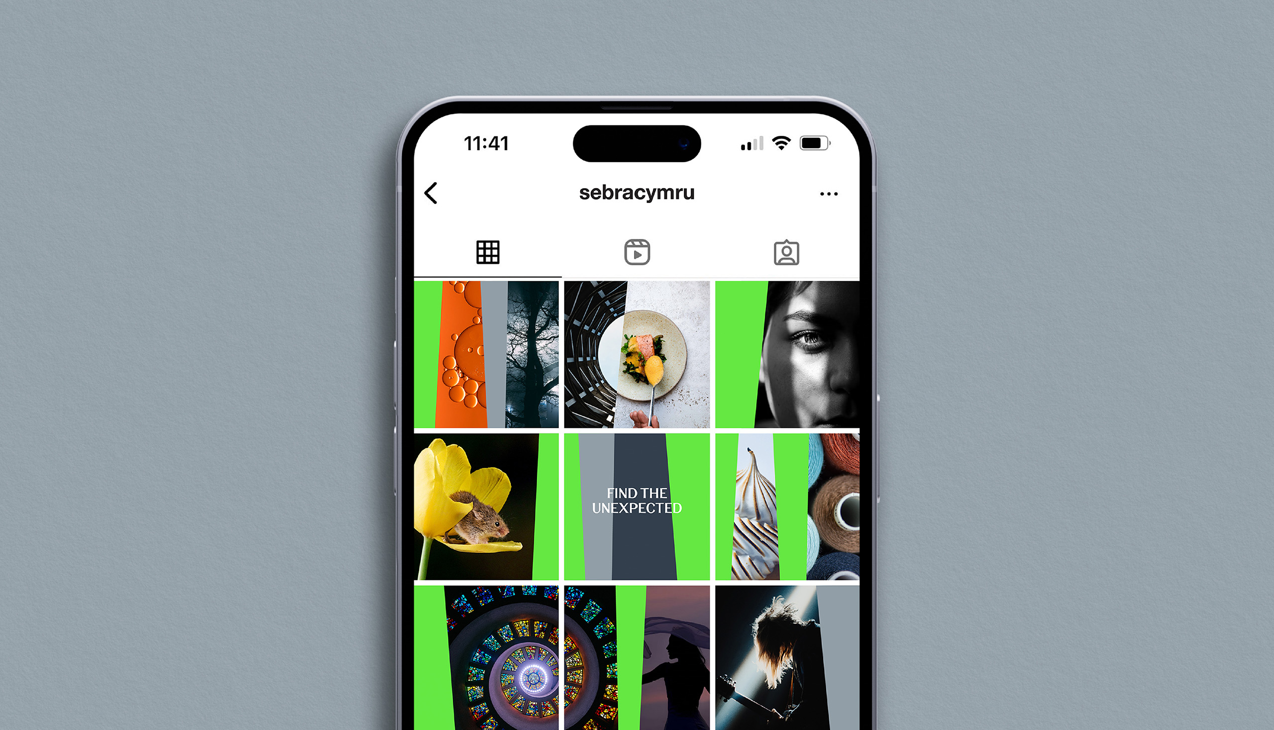 Branded Instagram images on phone screen against grey background